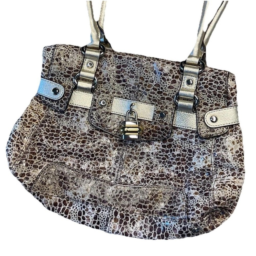 B Makowsky Snake Print Leather Shoulder Bag Handbag Vachetta Flap Satchel Purse
